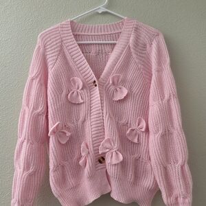 Pink Knit Sweater with Bow Accents